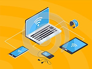 Isometric wifi network with smart gadgets. Synchronization cloud