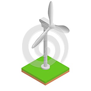 Isometric wind turbine on green grass, modern alternative sustainability and eco-friendly energy