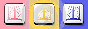 Isometric Window with curtains in the room icon isolated on pink, yellow and blue background. Square button. Vector