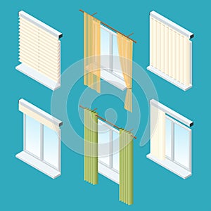 Isometric windows, curtains, drapery, shades, blinds. Vector collection of various window treatments