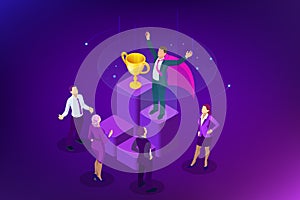 Isometric winner business and achievement concept. Business success. Big trophy for businessmen.