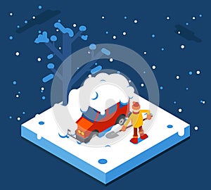 Isometric Winter Man Digs Car Out of Snow Background Flat Design Vector Illustration