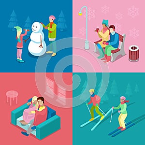 Isometric Winter People. Skiing Couple, Girl and Boy Making Snowman, Walking Outdoor