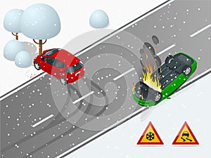 Isometric winter slippery road, car accident. The car rides on a slippery road. The car crashed into a tree, the car