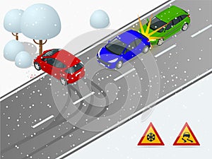 Isometric winter slippery road, car accident. The car rides on a slippery road. The car crashed into a tree. Urban