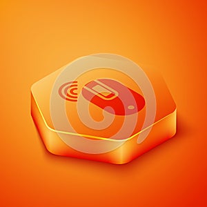 Isometric Wireless computer mouse icon isolated on orange background. Optical with wheel symbol. Orange hexagon button