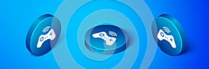 Isometric Wireless gamepad icon isolated on blue background. Game controller. Blue circle button. Vector