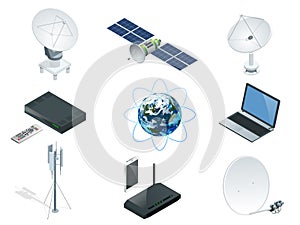 Isometric Wireless Technology and Global communication icons towers satellite photo