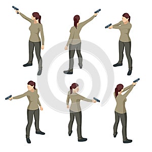 Isometric woman with a gun in his hand iolated on white. Male policeman, spy or criminal holding.