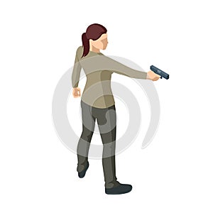 Isometric woman with a gun in his hand iolated on white. Male policeman, spy or criminal holding. Back view