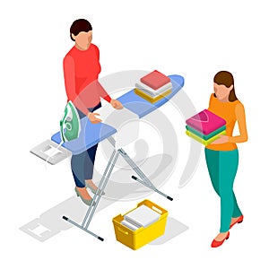 Isometric Woman Ironing Clothes Using Iron On Ironing Board After Laundry At Home and Woman holding washed and dried