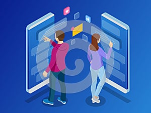 Isometric woman and man typing on mobile smartphone. Live Chat. Sms messages and Speech bubbles. Short message service