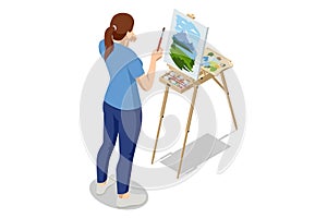 Isometric woman painting mountain landscape using easel. Painting, drawing and artwork concept. Art, creativity, hobby