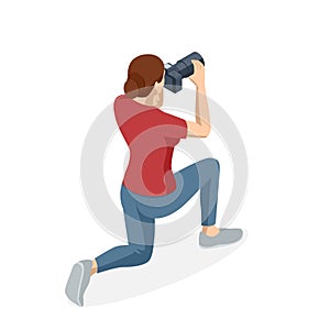 Isometric Woman Photographer with dslr Camera. Digital photo camera. Home hobby, lifestyle, travel, people concept