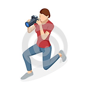 Isometric Woman Photographer with dslr Camera. Digital photo camera. Home hobby, lifestyle, travel, people concept
