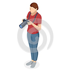 Isometric Woman Photographer with dslr Camera. Digital photo camera. Home hobby, lifestyle, travel, people concept