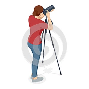 Isometric Woman Photographer with dslr Cameraon a tripod. Digital photo camera. Home hobby, lifestyle, travel, people