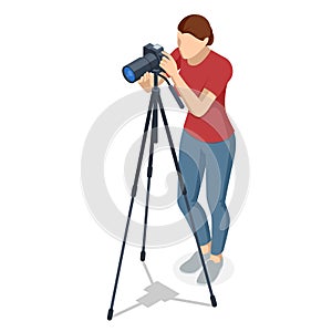 Isometric Woman Photographer with dslr Cameraon a tripod. Digital photo camera. Home hobby, lifestyle, travel, people