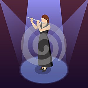 Isometric Woman plays the flute. Flute woodwind orchestral instrument