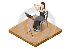 Isometric Woman plays the flute. Flute woodwind orchestral instrument photo