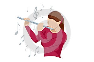 Isometric Woman plays the flute. Flute woodwind orchestral instrument photo