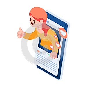 Isometric Woman Showing Thumbs Up Sign inside Social Media
