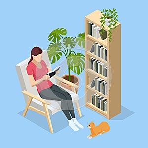 Isometric woman sitting in a chair at home and reading a book. Knowledge, learning and education concept