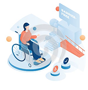 Isometric woman in wheelchair in front of multistorey house building with access ramp. Barrier free environment, vector.