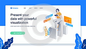 Isometric woman working on the laptop, programmer, Business Analyst. landing page illustration