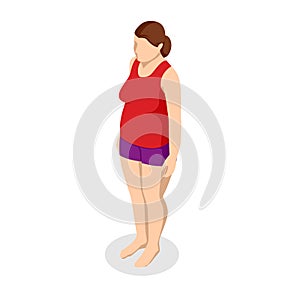 Isometric women fat with belly fat on white backgroun. Overweight concept