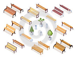 Isometric wooden bench or park chair, garden vase