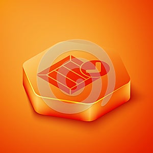 Isometric Wooden box with check mark icon isolated on orange background. Parcel box. Approved delivery or successful