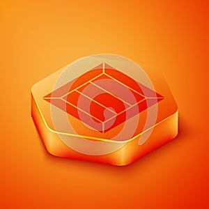 Isometric Wooden box icon isolated on orange background. Orange hexagon button. Vector Illustration