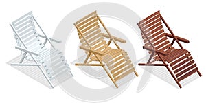 Isometric wooden deck chairs, lounge sun chair isolated on white background. Set of wooden reclining chairs