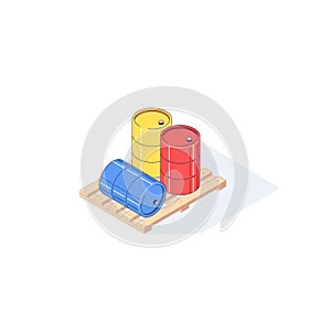 Isometric wooden pallet with barrels. 3d pallets cargo goods fuel benzin petrol gas and combustible vector illustration