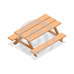 Isometric wooden table with benches. 3d vector outdoor furniture icon