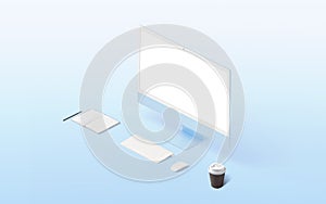 Isometric work desk with computer display, keyboard, mouse, pad, pen and coffee mug