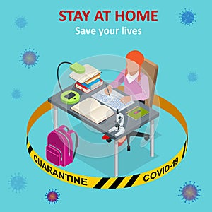 Isometric work from home. Corona virus - staying and working at home. working from home during Covid-19. Self-isolation