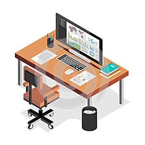 Isometric work places. Office workspace. Business workspace in the office