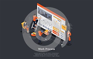Isometric work process concept. Business people are planning, correcting and analyzing their business time. 3D isometric