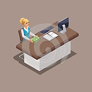 Isometric worker bank manager girl working in the office. Loan delivery in cash. Branded clothing, dress code. Beautiful well-groo