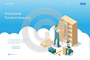 Isometric workers of manufacture with professional tools during furniture assembly. Furniture assembly concept.