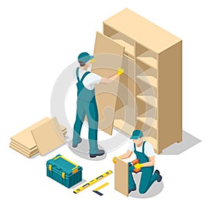 Isometric workers of manufacture with professional tools during furniture assembly. Furniture assembly concept