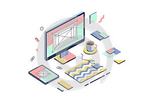 Isometric Workspace Illustration - Computer, Tablet, and Coffee Cup