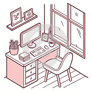 Isometric workspace illustration with desk, computer, chair, window, and decorative elements