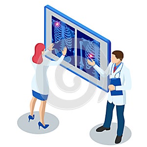 Isometric X-ray machine for scanning human body. Doctor checking examining chest x-ray film of patient. Roentgen of