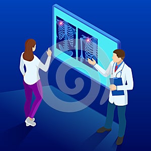 Isometric X-ray machine for scanning human body. Doctor checking examining chest x-ray film of patient. Roentgen of