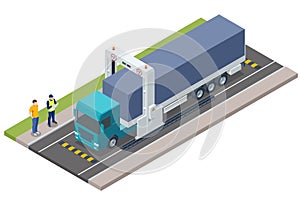 Isometric X-ray truck scanner. Mobile x-ray scanning system is used against smuggling. Customs control on border photo