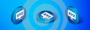 Isometric XYZ Coordinate system icon isolated on blue background. XYZ axis for graph statistics display. Blue circle