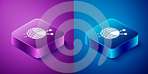 Isometric Yarn ball with knitting needles icon isolated on blue and purple background. Label for hand made, knitting or